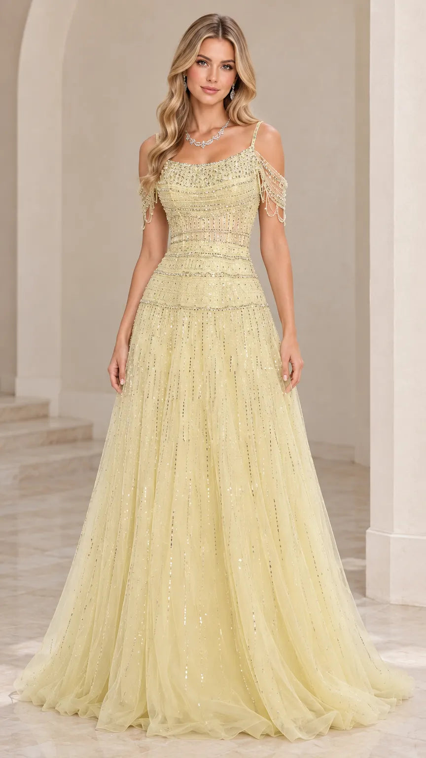 Cold-Shoulder Beaded Sequin A-Line Tulle Evening Gown
