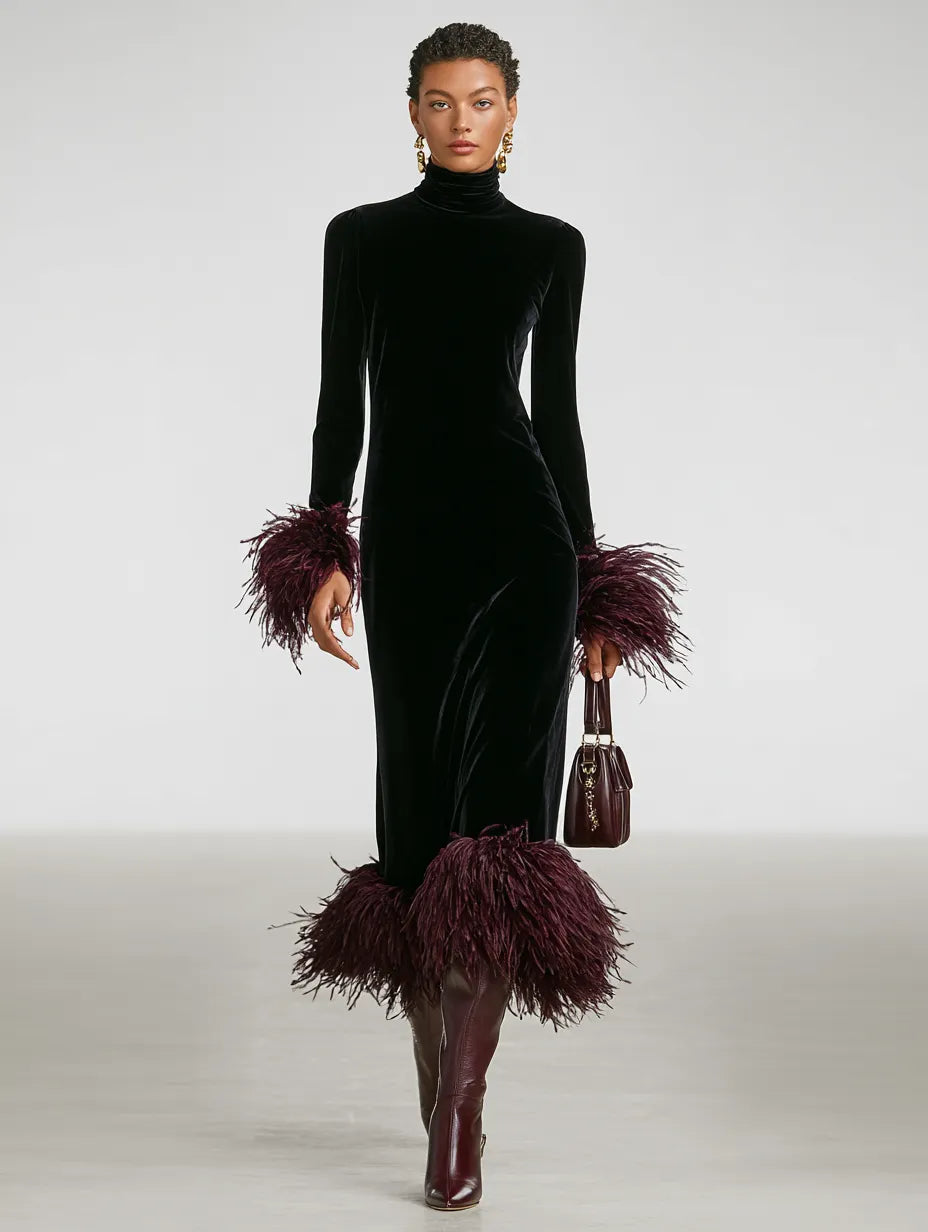 Women's Minimalist Velvet Patchwork Faux Ostrich Feather Cuffs And Hem Maxi Dress MDA1174J9Y