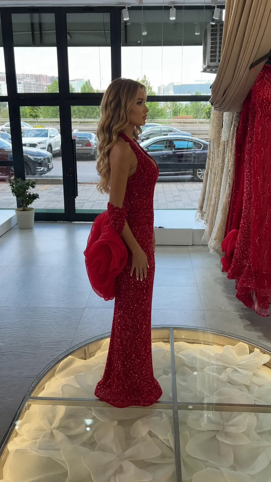 Sequin Halter Neck Mermaid Evening Gown with Dramatic Ruffle Arm Cuffs