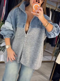 Denim Knit Patchwork Zip Up Jacket