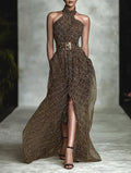 Brown Slit Classic Halter Sleeveless A-Line Maxi Dress