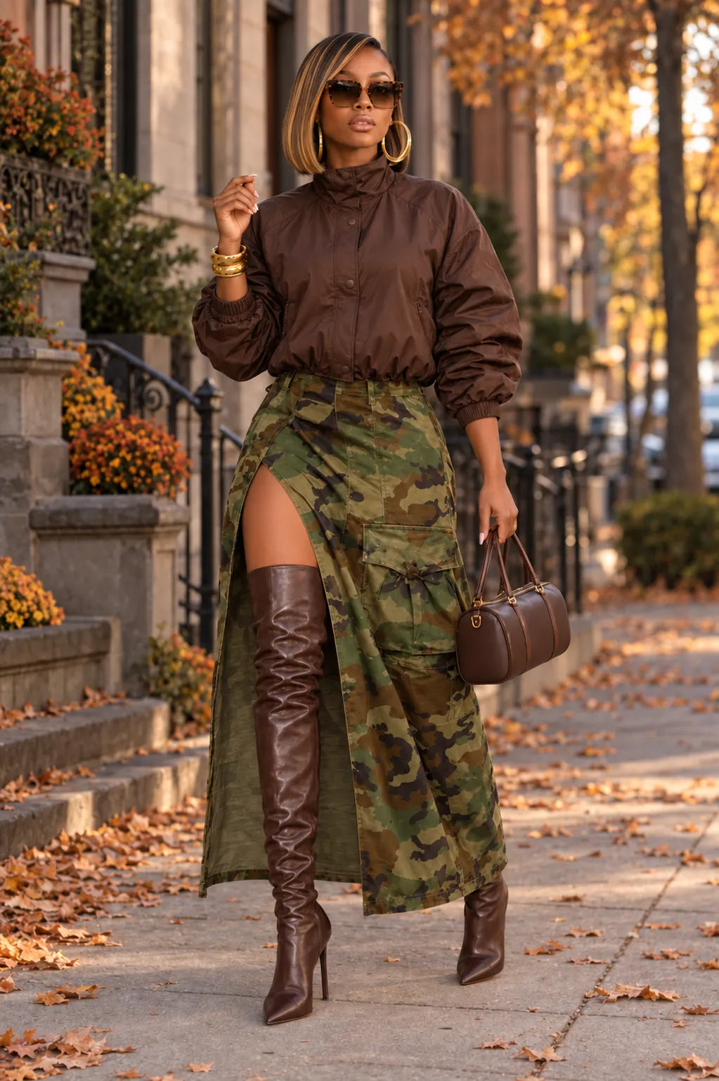 Brown Bomber Jacket & Camo Cargo Slit Maxi Skirt Set