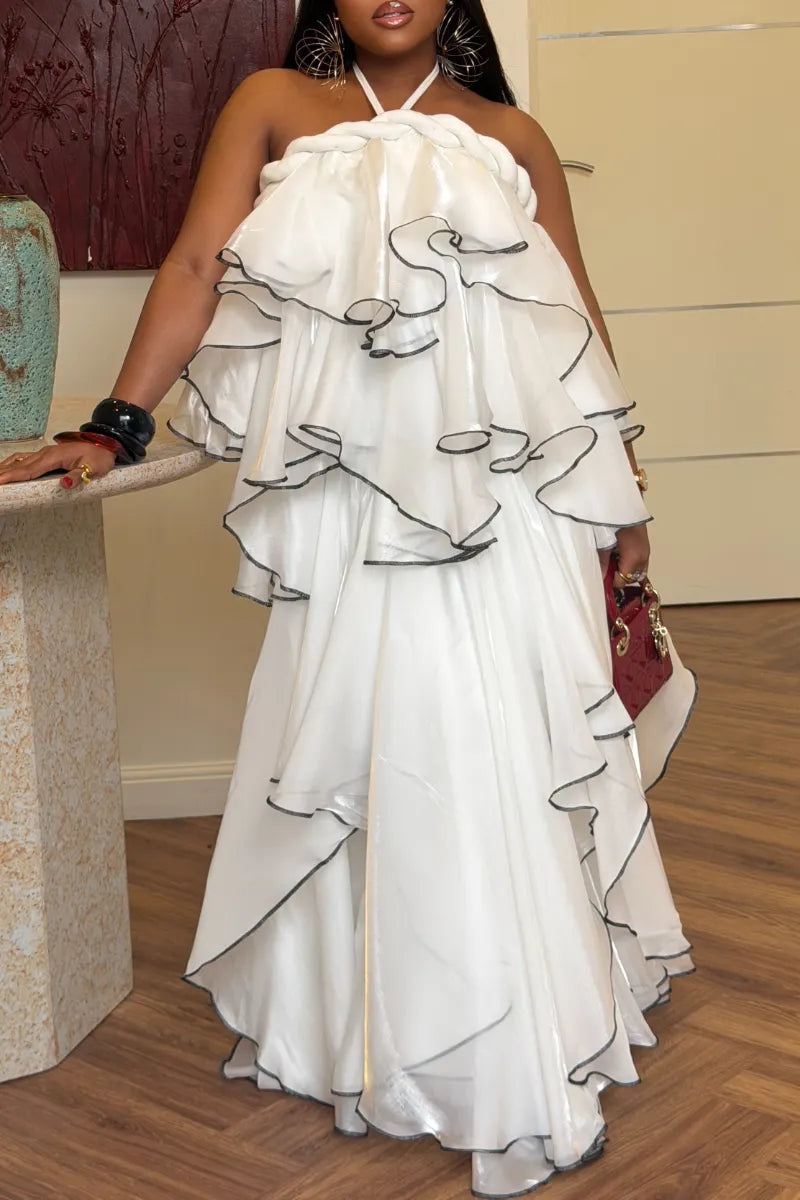 White Ruffle Halter Maxi Dress