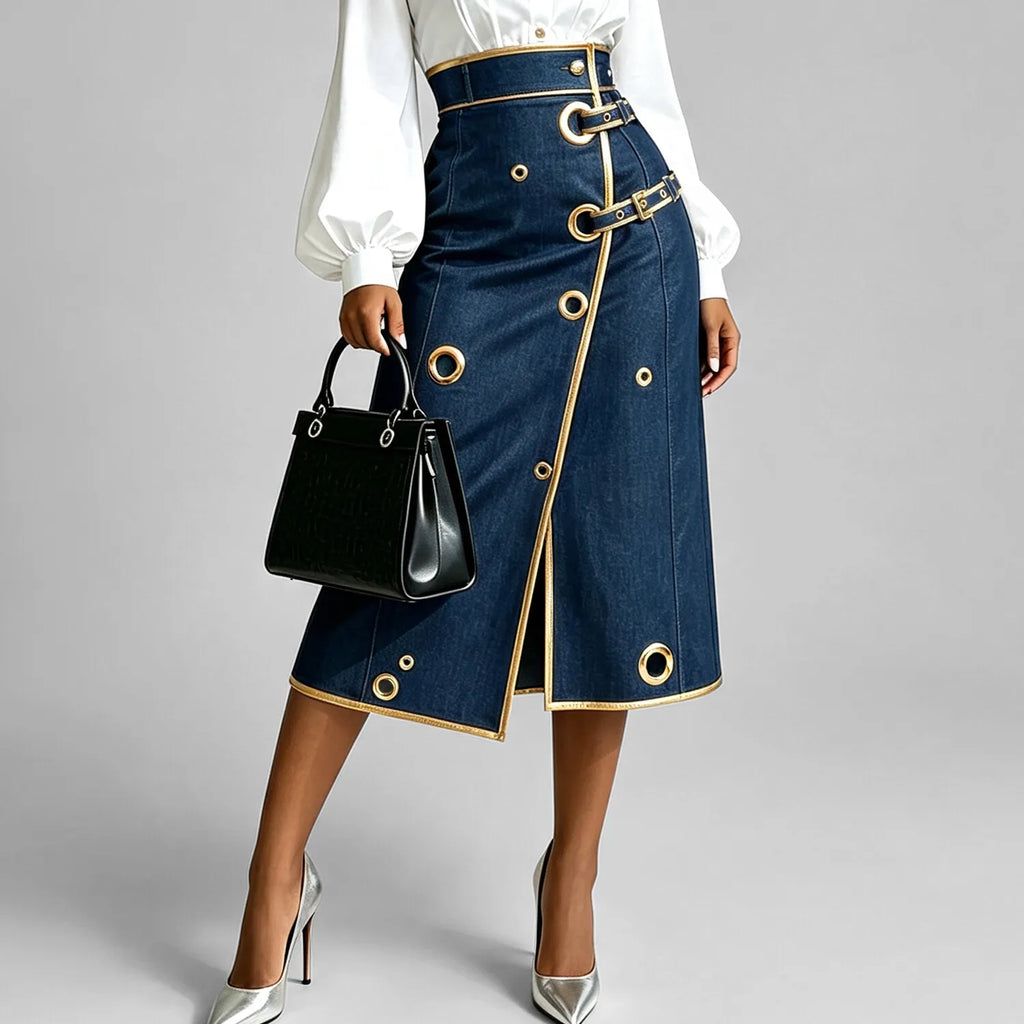 Women's Fashion High Waist Contrast PU Leather Piping Gold Metal Eyelet Hollow Out Split Denim Midi Skirt