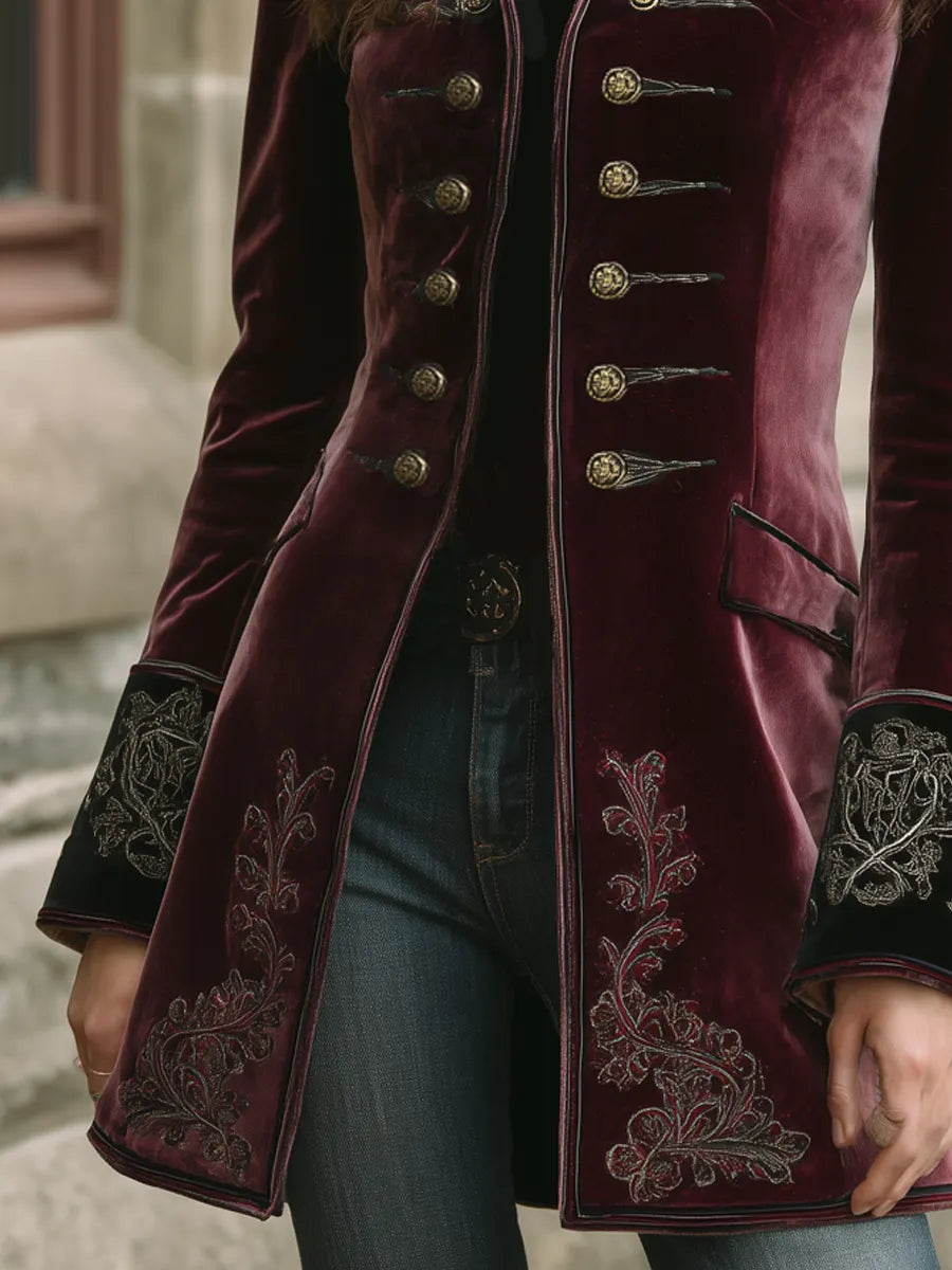 Vintage Contrast Trim Embroidered Velvet Coat
