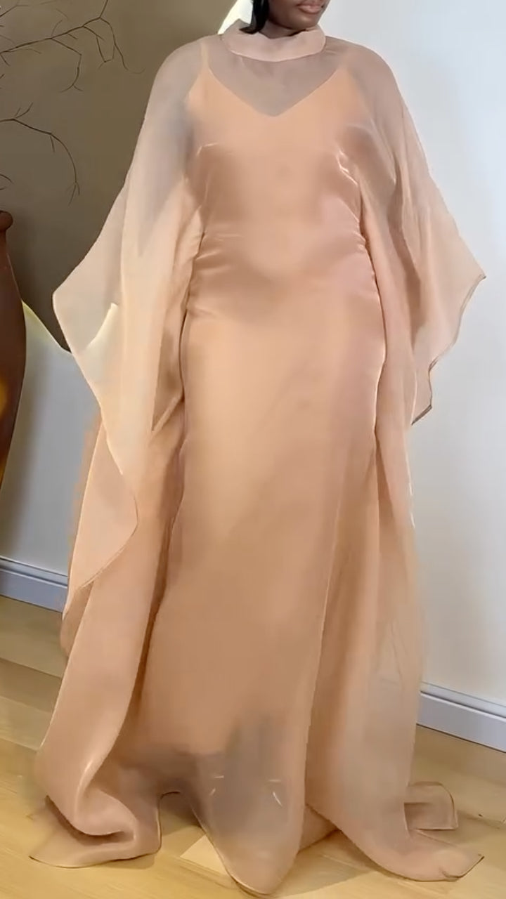 Chiffon Cape Sleeve Satin Maxi Evening Gown