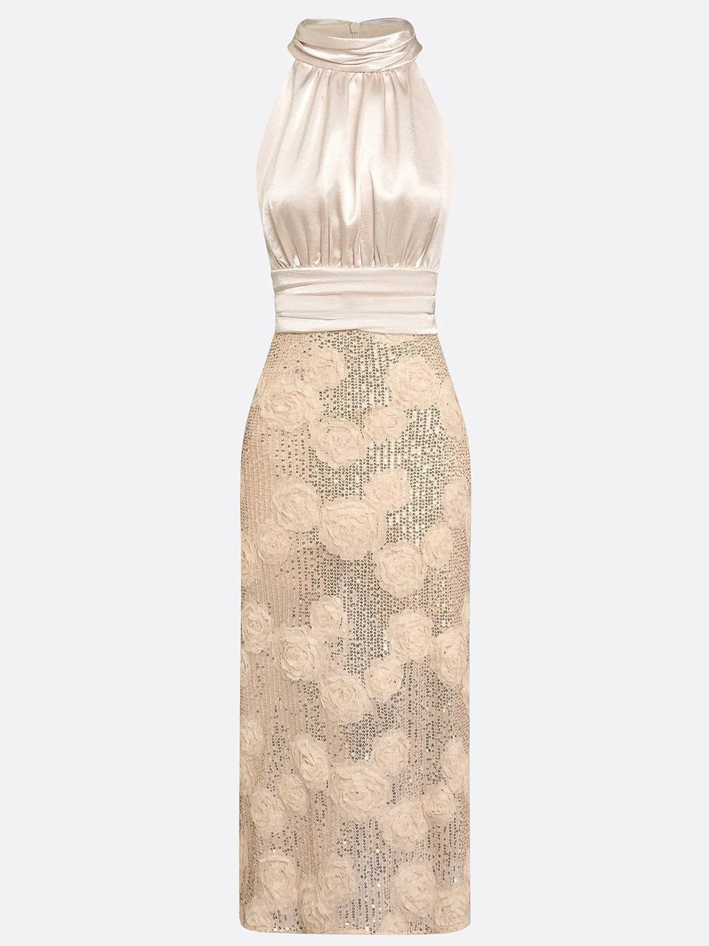 Champagne 3D Floral Glitter Classic Mock Neck Sleeveless Midi Dress