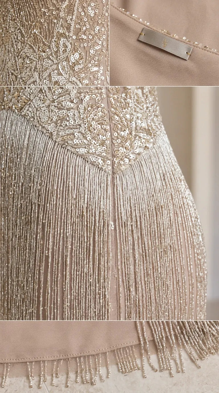 Strapless Beaded Fringe Sequin Maxi Evening Gown