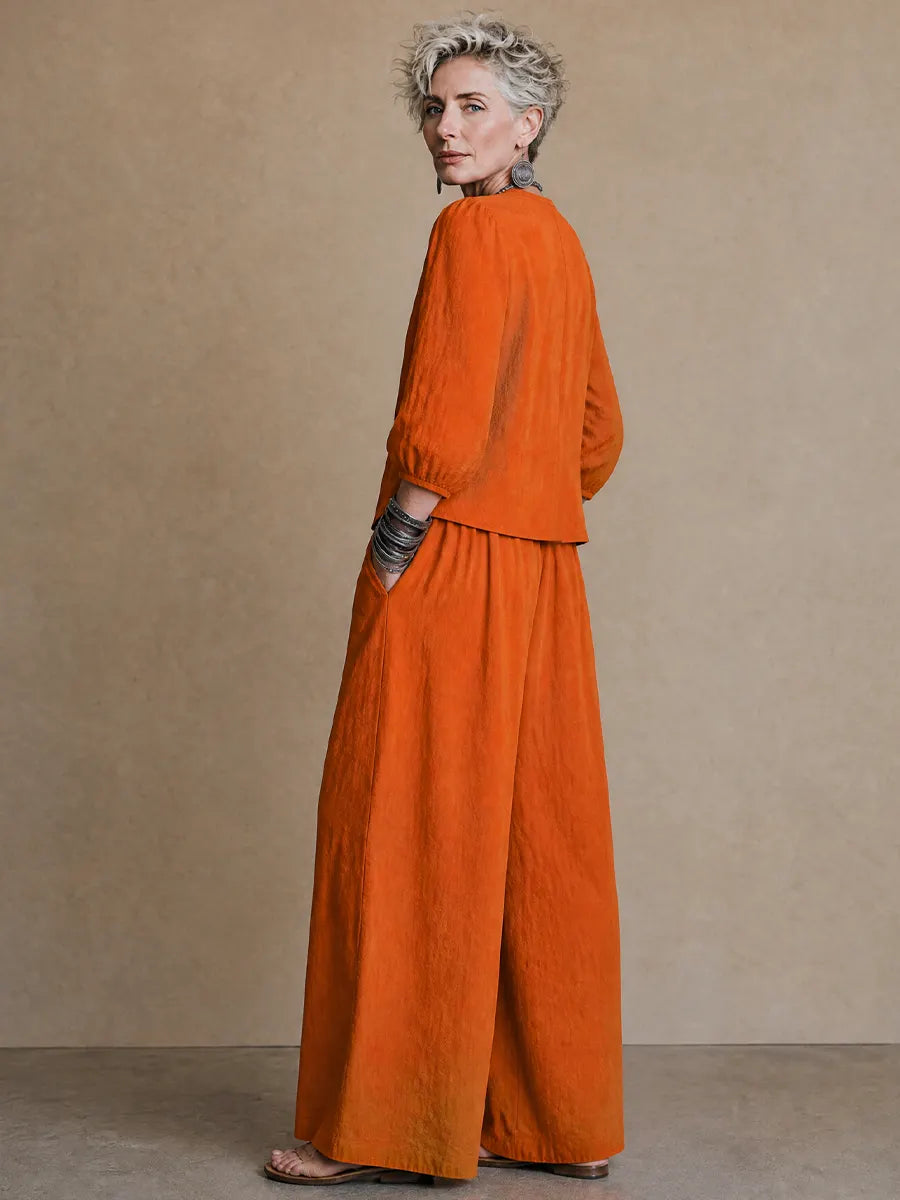 Women's Vintage Elegant Cotton-Linen Set: Single-Breasted Lantern-Sleeve Shirt And Elastic-Waist Wide-Leg Pants ZMZ1379H9ZYY