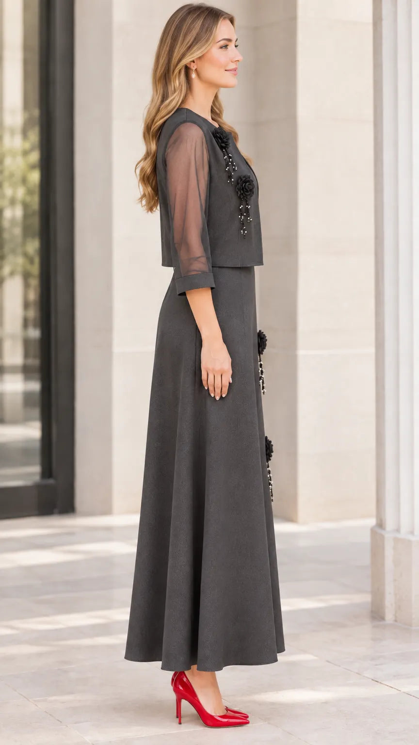 Floral Applique Two-Piece Maxi Dress Set with Sheer Sleeve Bolero Jacket