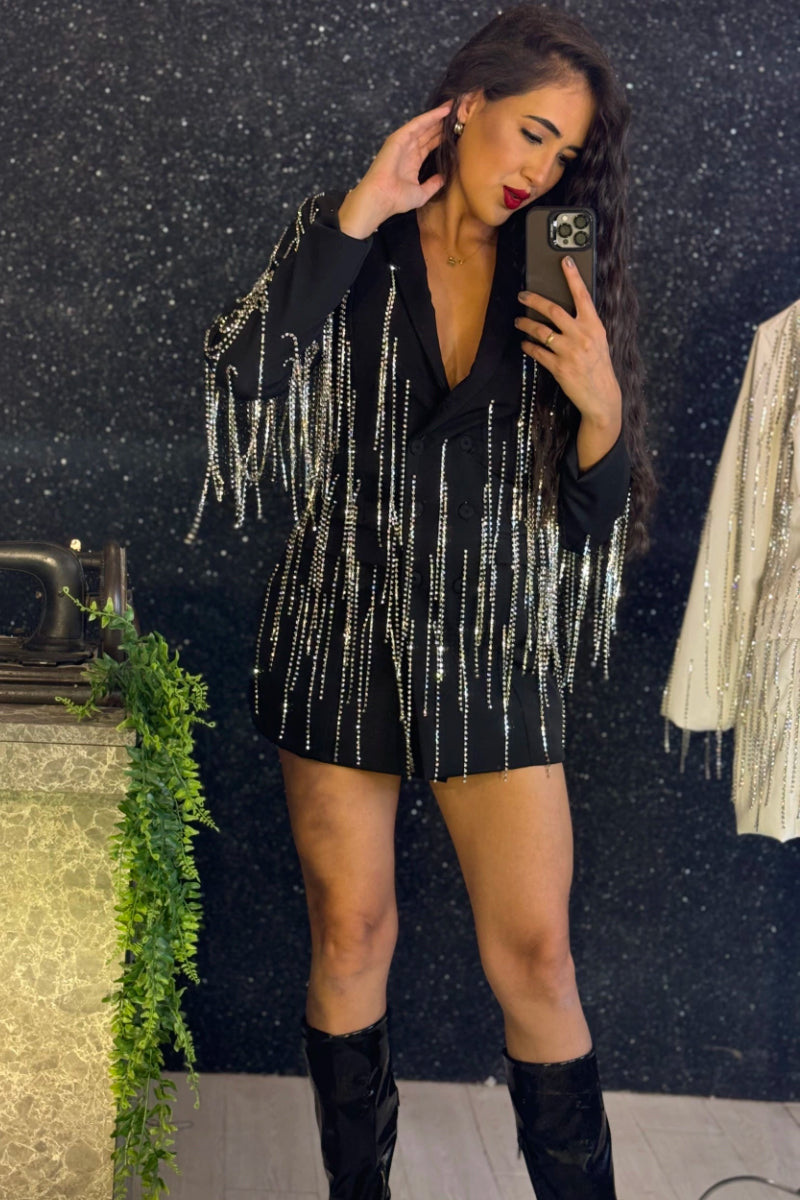 Red Blazer Jacket With Sparkling Rhinestone Fringe
