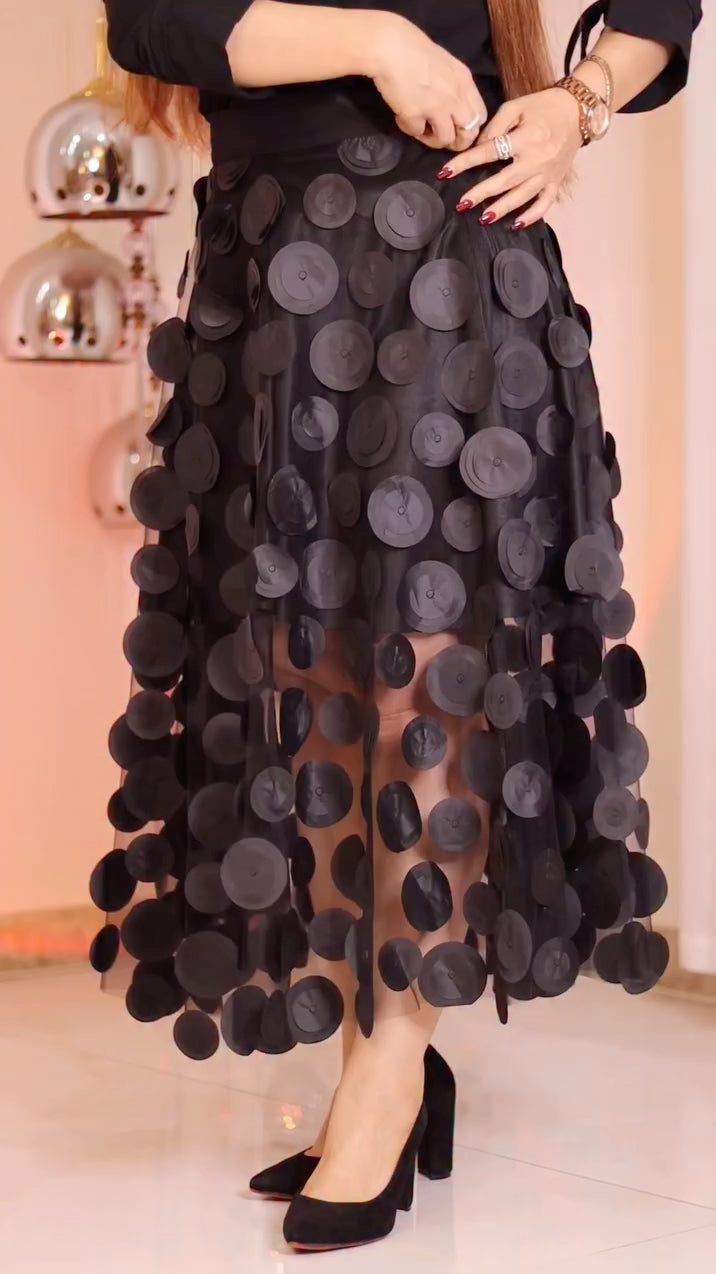 3D Petal Appliqué Sheer Midi Skirt