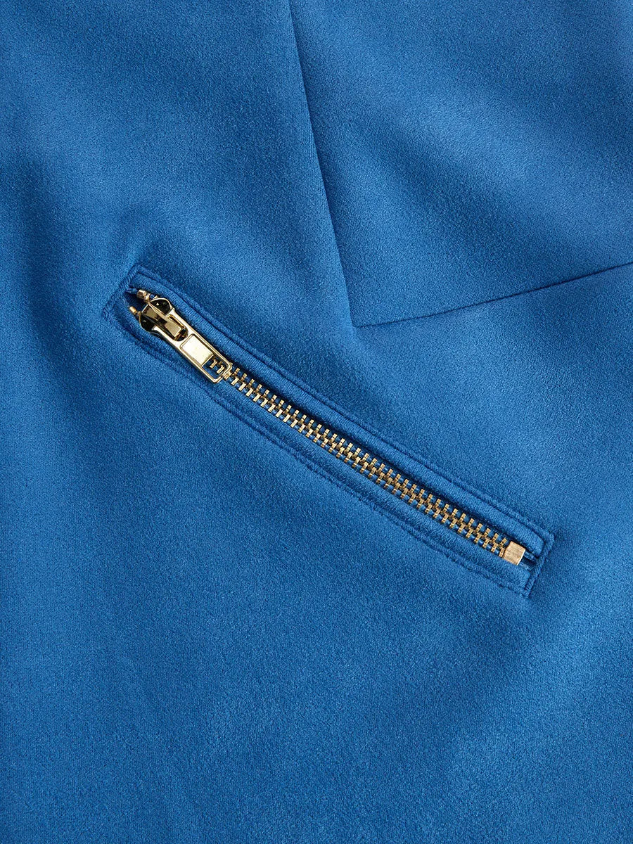 Retro Western Style Zippered Collar Blue Fringed Faux Suede Mini Dress
