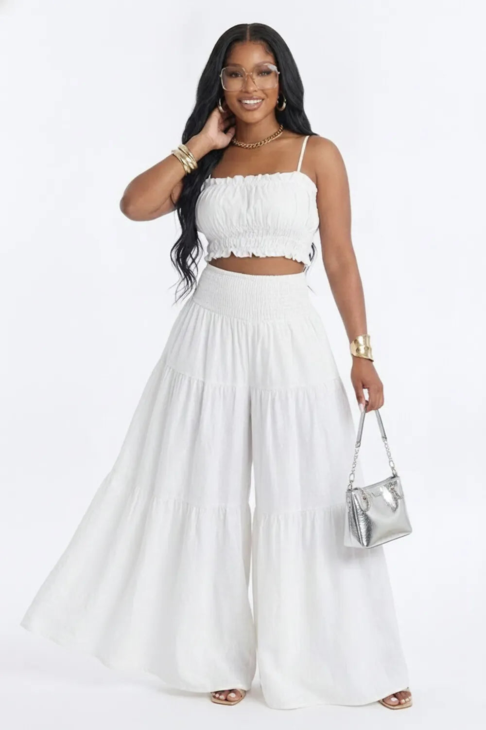 Plain Smocking Crop Cami High Waist Wide Leg Pants Casual 2pcs Set-White