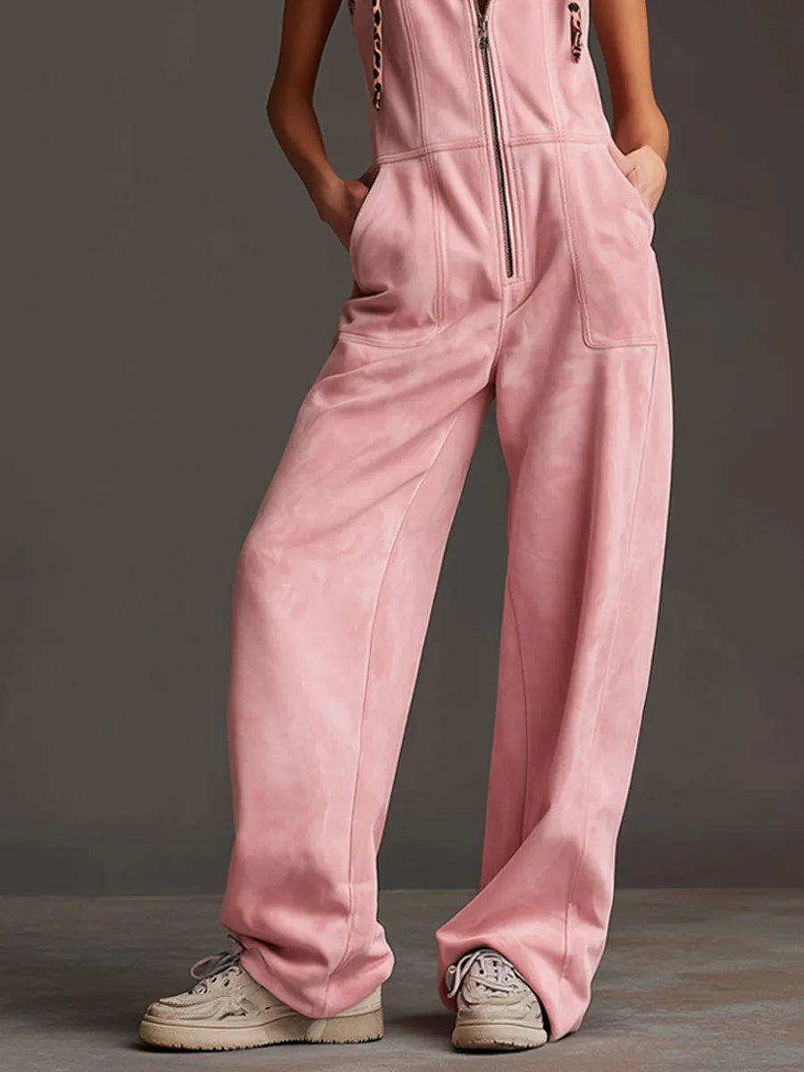Western Retro Pink Faux Suede Sleeveless Leopard Print Hooded Wide-Leg Jumpsuit