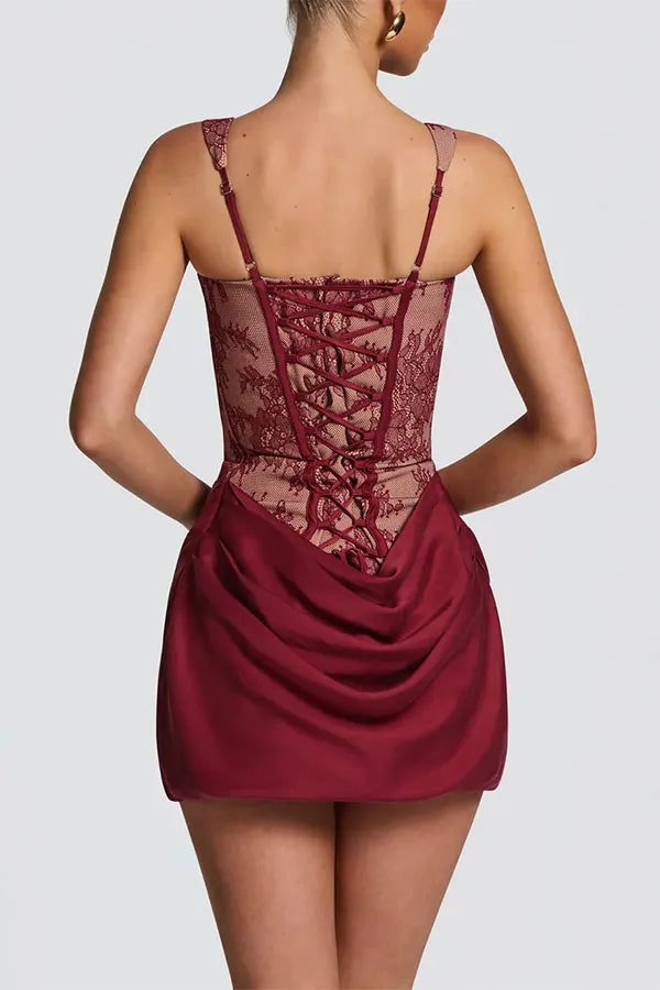 Cornelia Floral Lace Contrast Structural Detail Back Lace-up Satin Hem Mini Dress