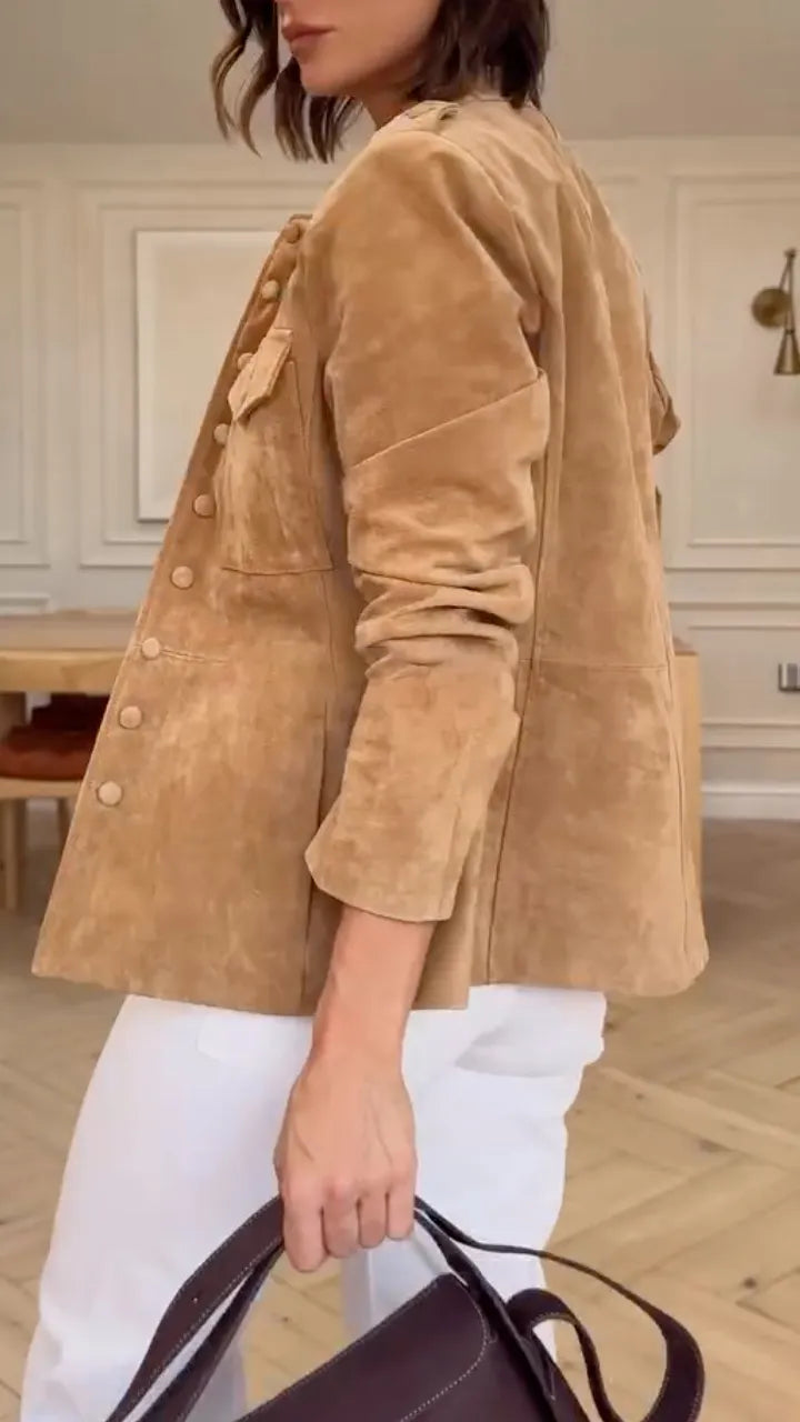 Camel Suede Fitted Military Jacket