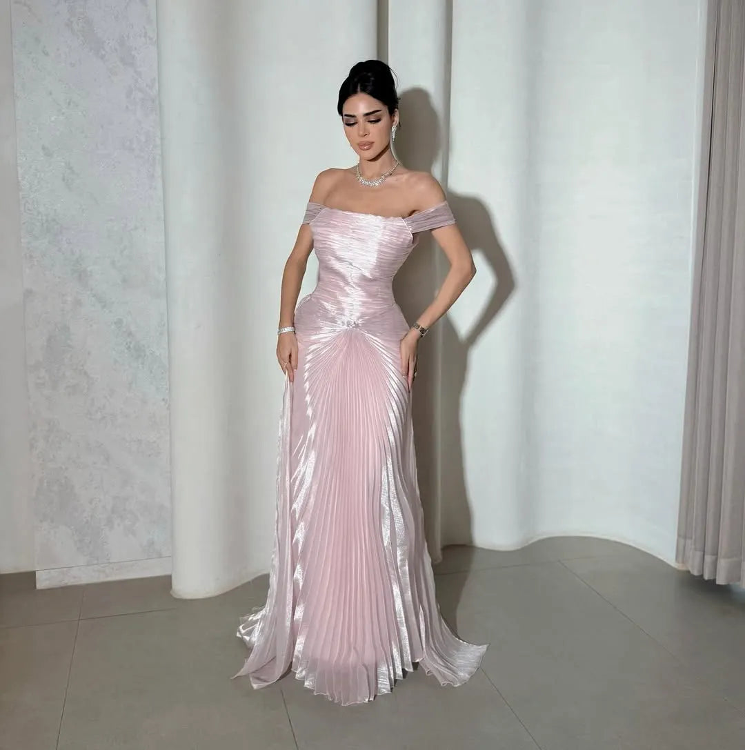 Chic Off the Shoulder Sleeveless Long Prom Dress With Pleated YK0266