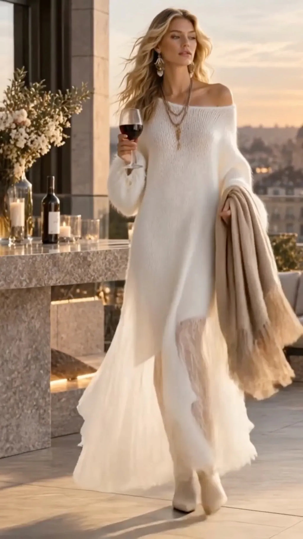 White Off Shoulder Chunky Knit Maxi Dress