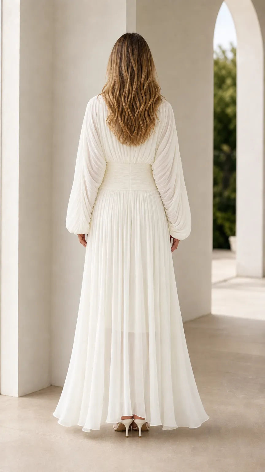 Elegant Pleated Long Sleeve Chiffon Maxi Dress with Ruched Waist