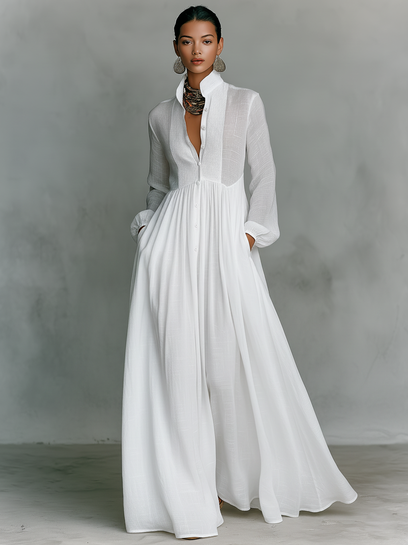 Women's Minimalist Cotton And Linen Patchwork Single-breasted Stand-up Collar Long-sleeved Maxi Dress MDA0658K6Y