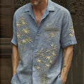 Men's Vintage Bamboo Embroidery Art Short Sleeve Linen Blend Shirt