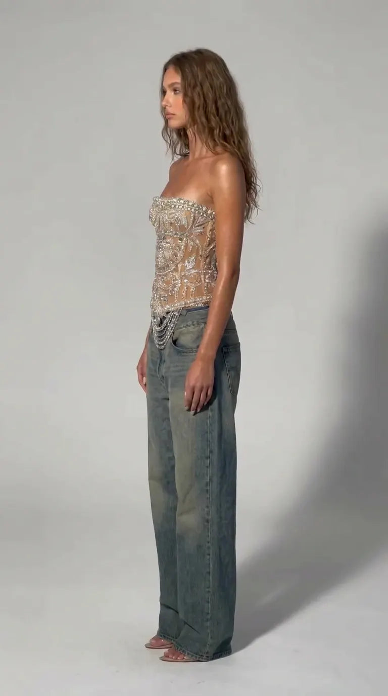Pearl & Rhinestone Embellished Strapless Corset Top with Beaded Fringe Hem