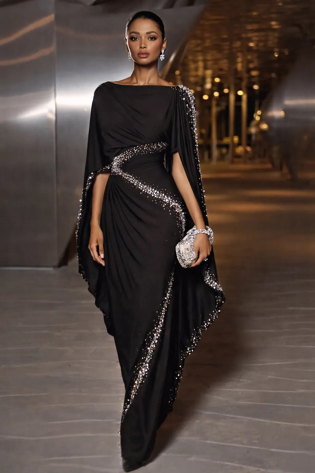 Black Rhinestone Embellished Cape Sleeve High Slit Maxi Evening Dress