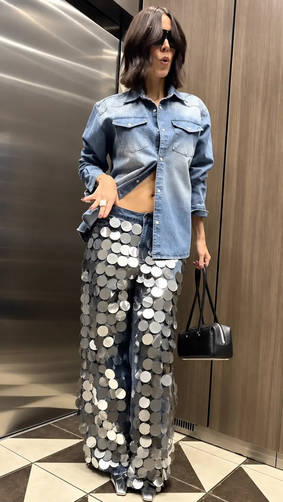 Oversized Denim Shirt With Silver Sequin Flare Pants