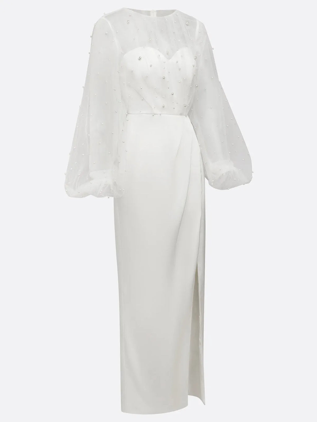 White Faux Pearl Side-Slit Classic Crew Neck Long Sleeve Puff Sleeve Sheath Bridal Gown Dress