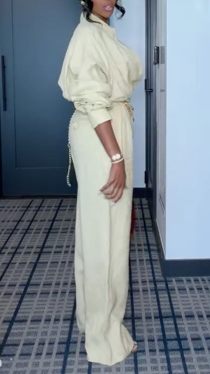 Cream Relaxed Collared Shirt & Wide-Leg Pants Set