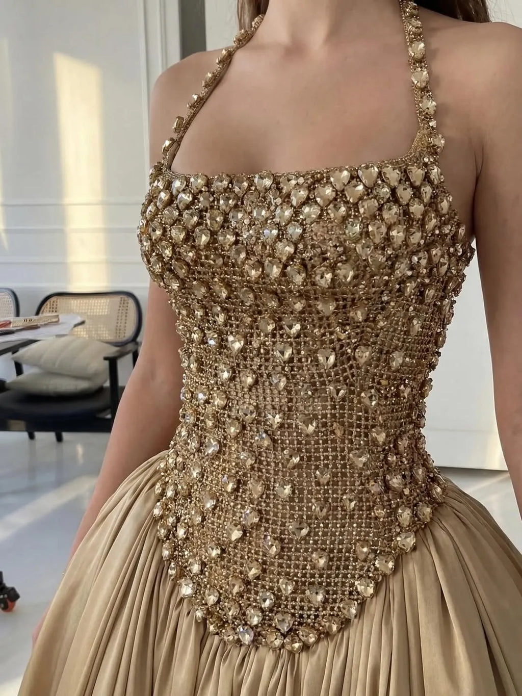 Cocoslly Halter Neck Strapless Sleeveless Long A-Line Prom Dress With Pleated And Sequins Rhinstone | Champage Satin YK0886