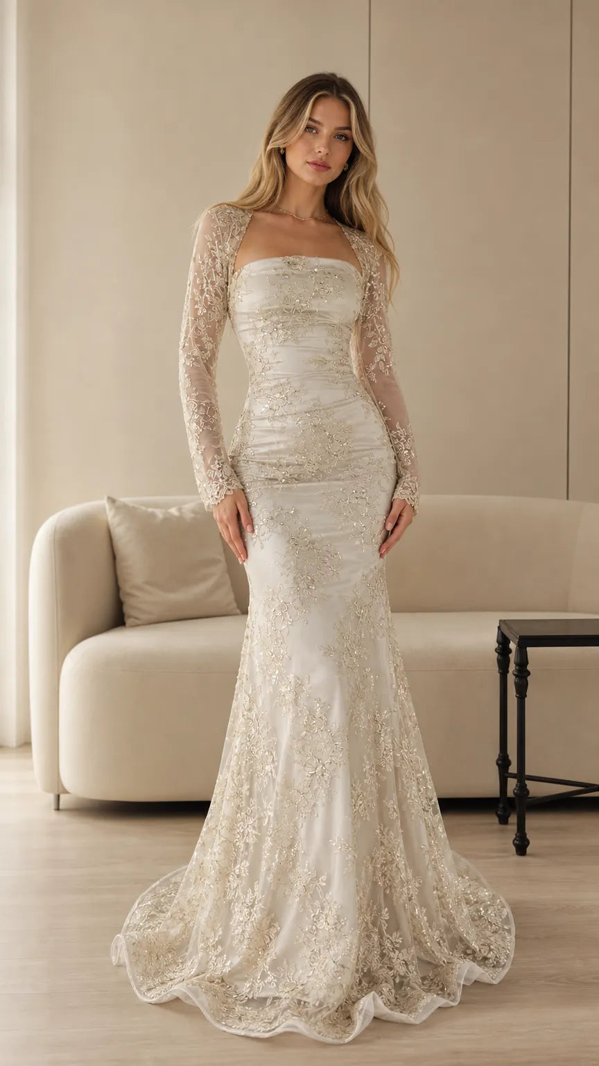 Elegant Embroidered Lace Mermaid Evening Gown with Long Sleeve Bolero