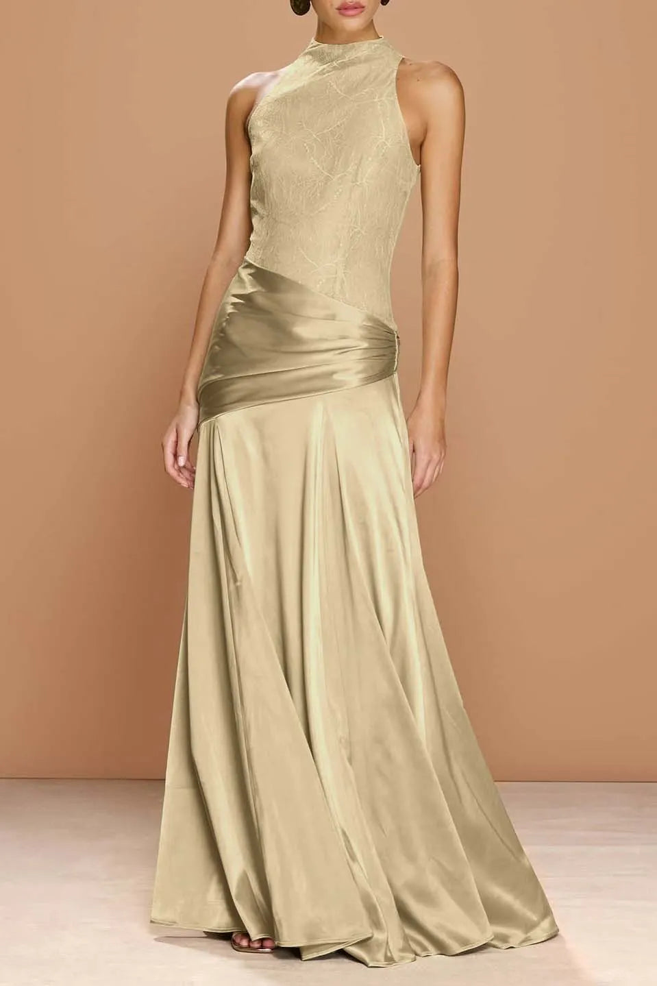 Cocoslly High-Neck Sleeveless Long Pleated Mermaid Prom Dress With Embroidery | Sage Green Satin ZA0147
