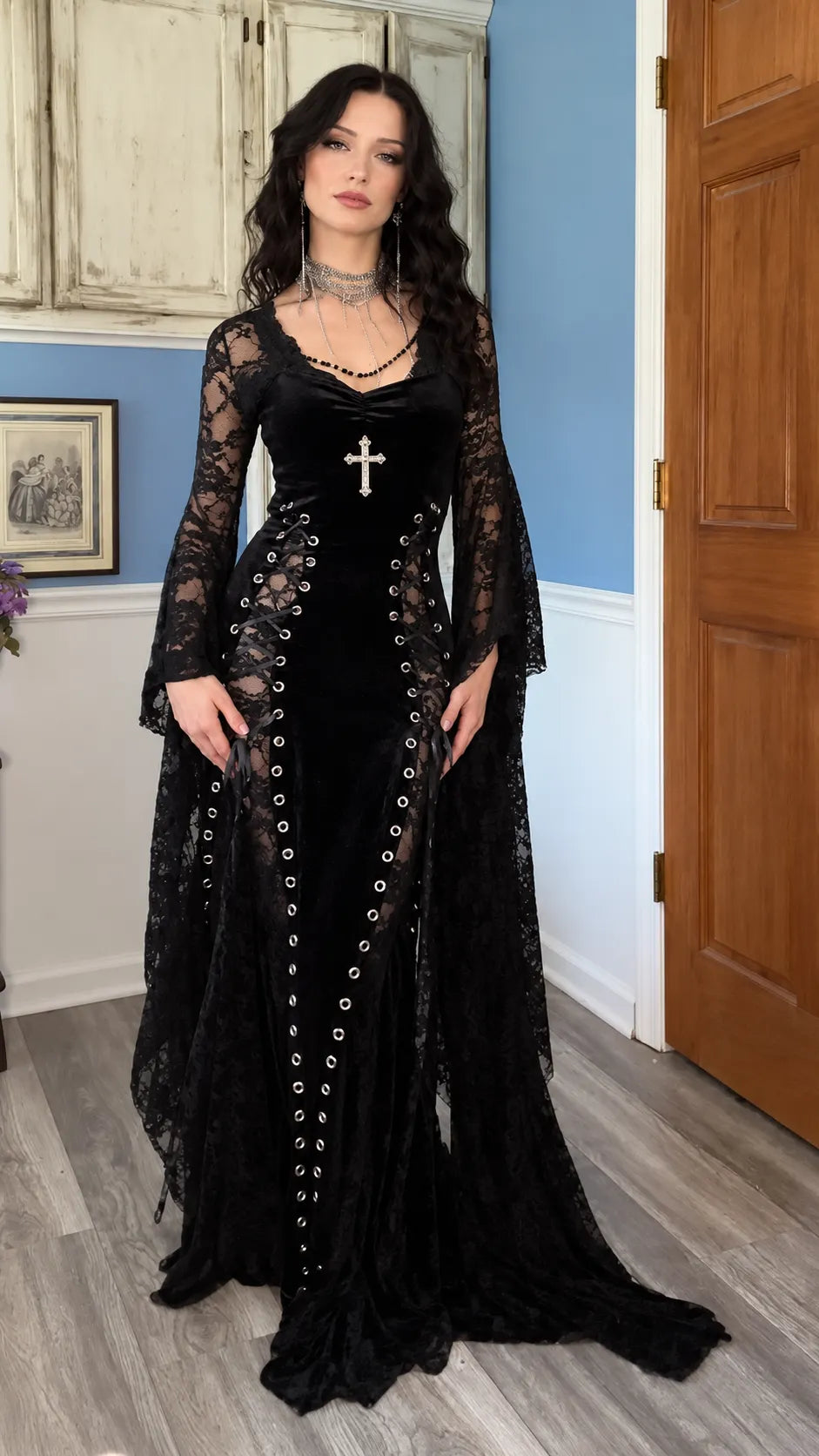 Black Gothic Lace Velvet Gown