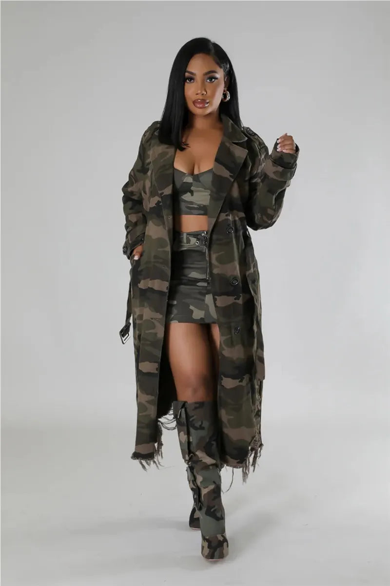 Stylish Women's Camo Long Coat With Edgy Distressed Details