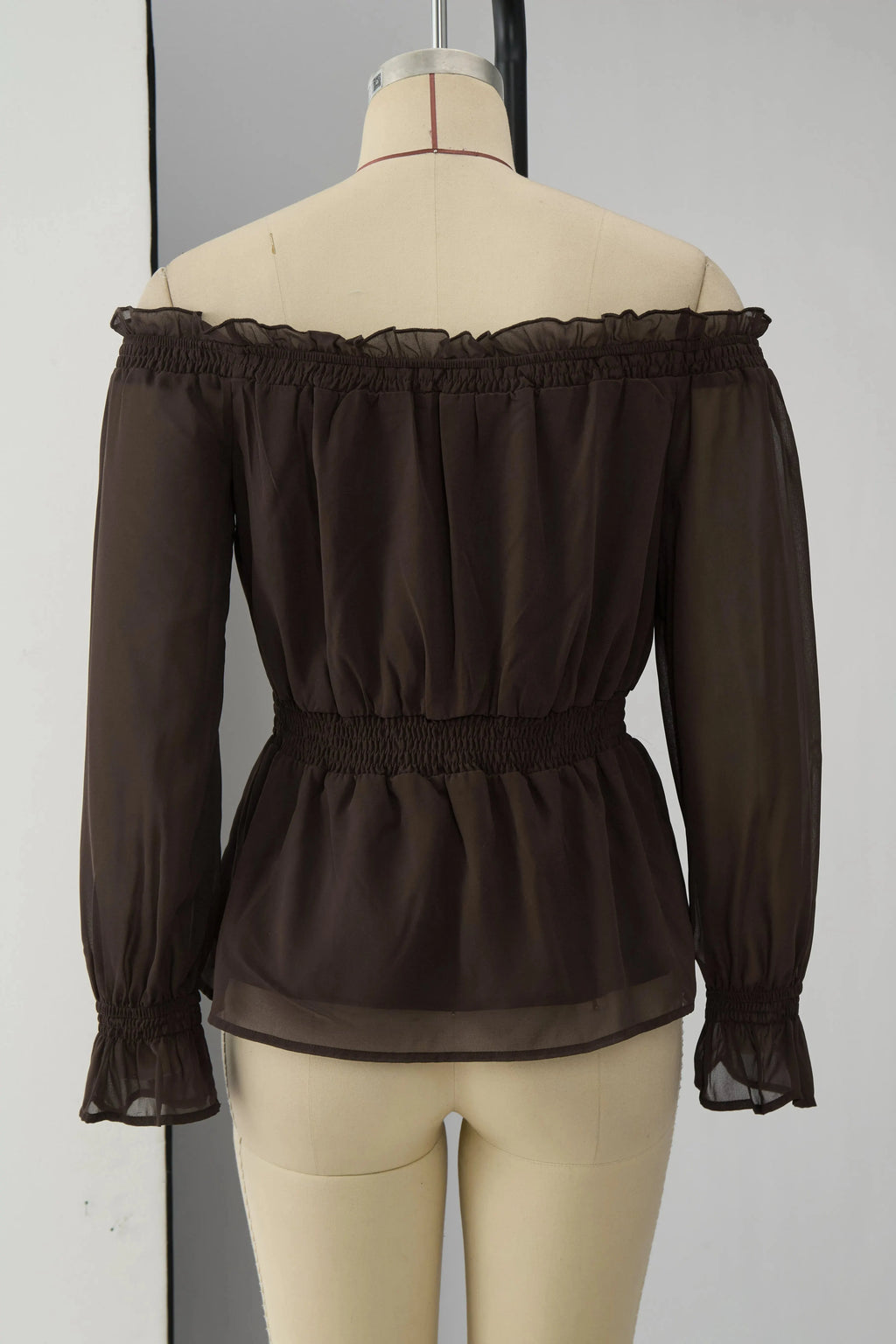 Fashionable Retro Ruffled Brown Off-shoulder Chiffon Blouse