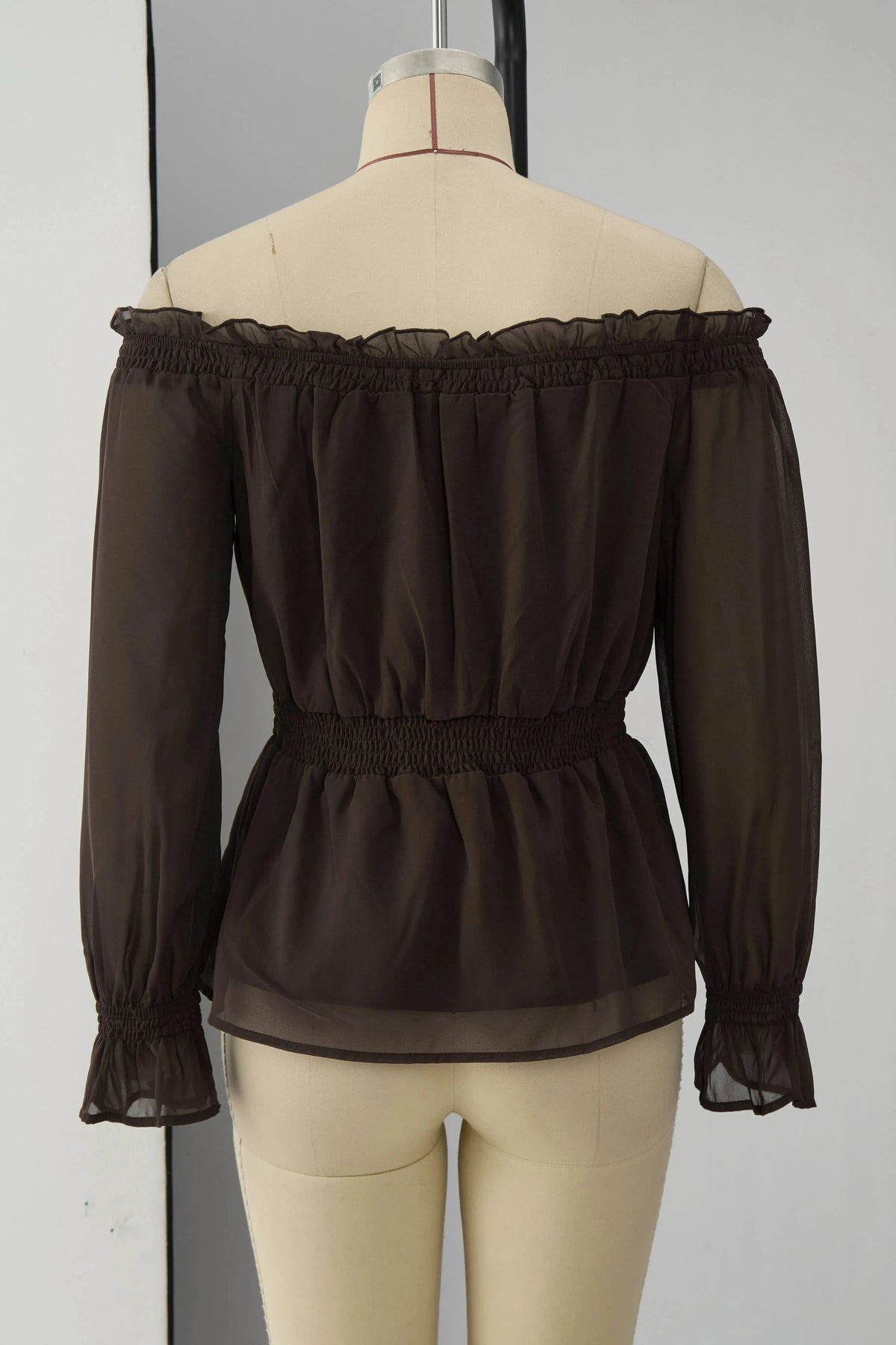 Fashionable Retro Ruffled Brown Off-shoulder Chiffon Blouse