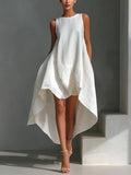 Women's White Linen Fabric Sleeveless Midi Dress With Round Neck
