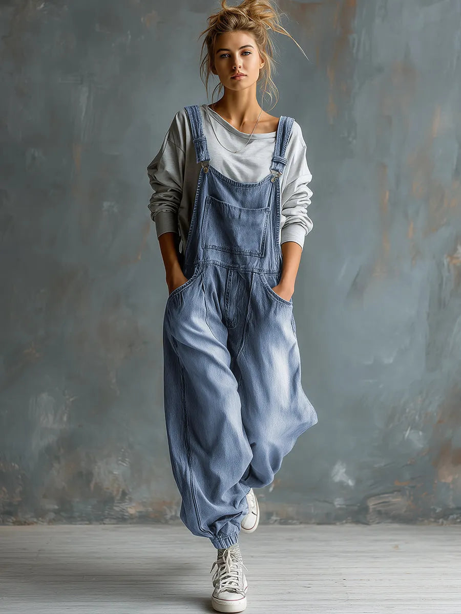 Casual Retro Washed Denim Blue Pocket Overalls