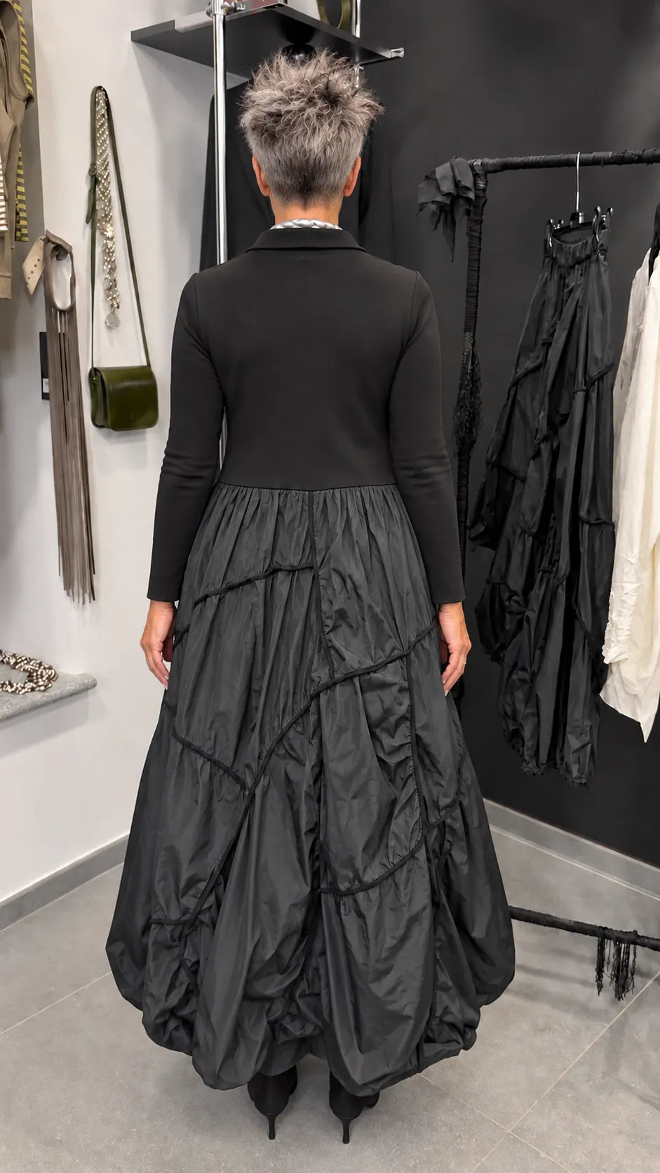 Black Tailored Mixed-Media Sculptural Maxi Dress