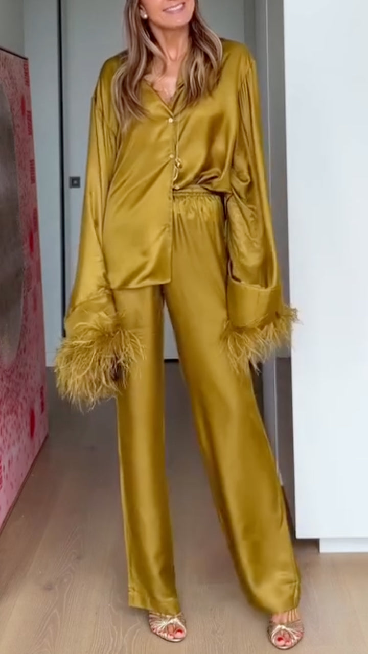 Gold Satin Feather Trim Two‑Piece Pant Set