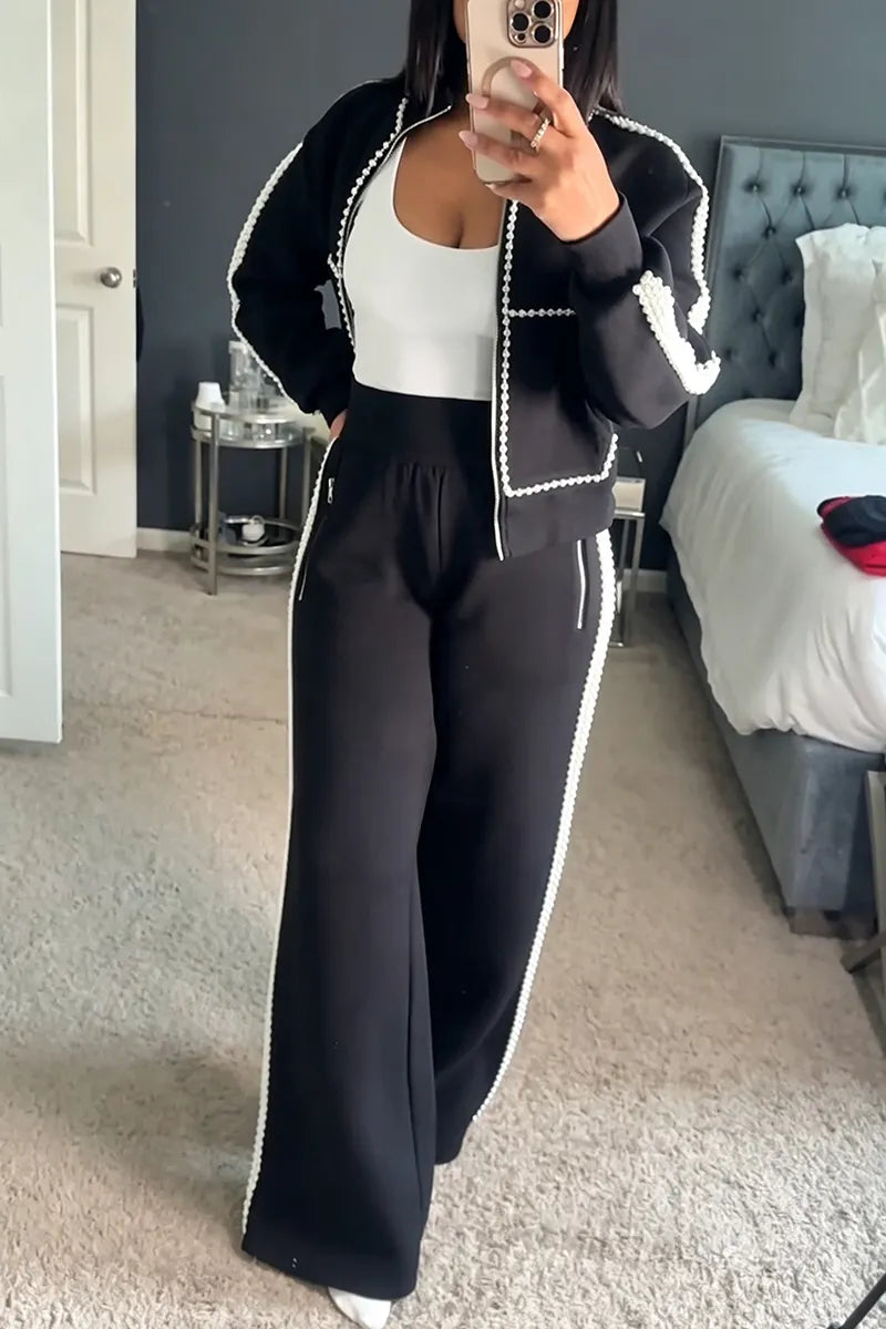 Women's Casual Beads Decoration Short Jacket or Pants