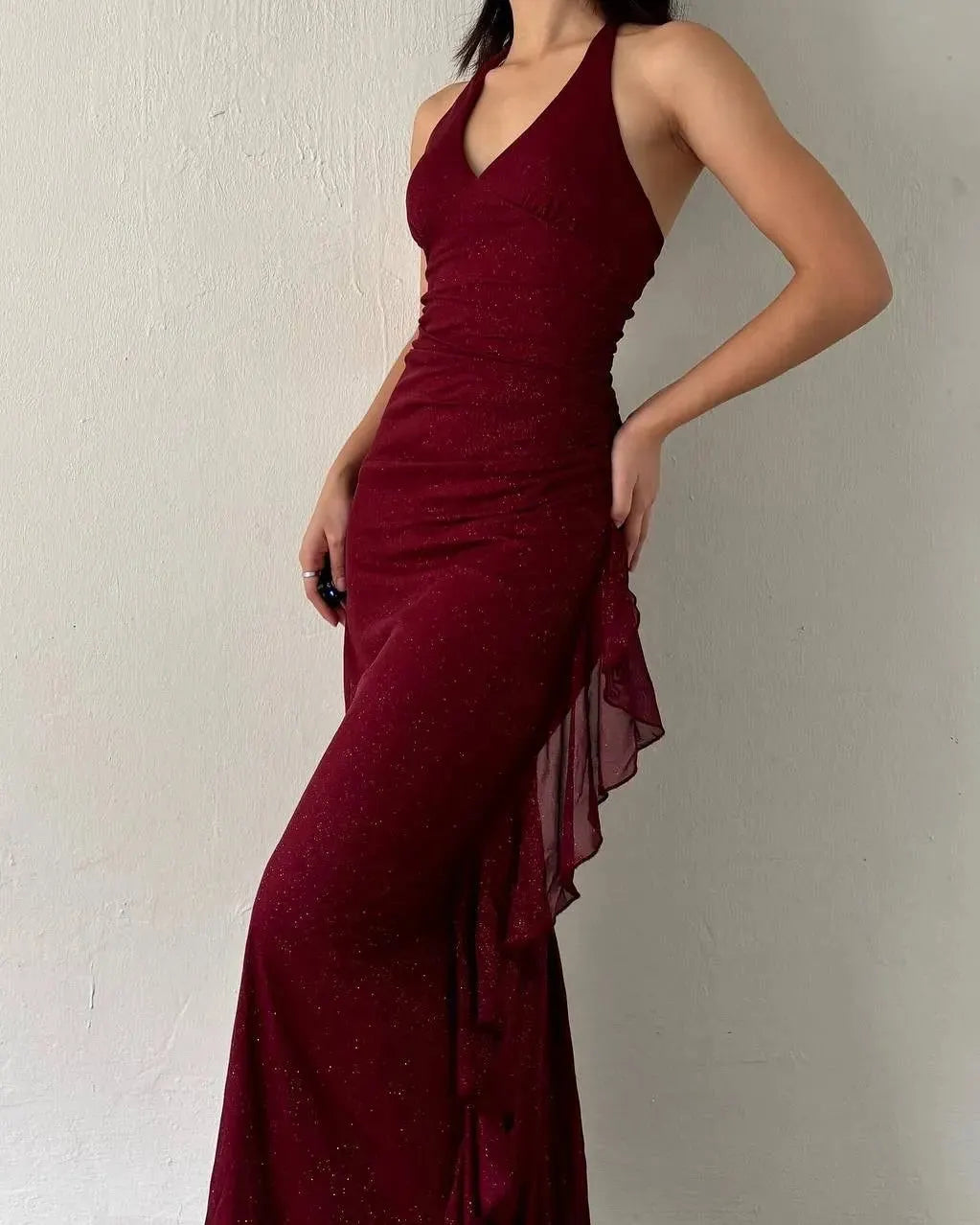 Cocoslly Charming V-Neck Halter Long Slim Fit Prom Dress With Ruffles | Burgundy Satin ZT0740