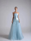 Baby Blue Satin And Tulle Strapless Sleeveless Long Pleated A-Line Prom Dress With Flower Appliqués YK0669