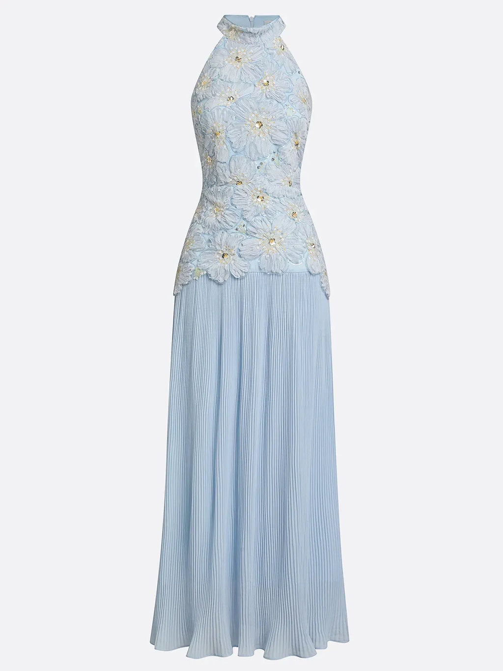 Light Blue Jacquard Chiffon Halter Neck Sleeveless A-Line Floor-length Gown Dress