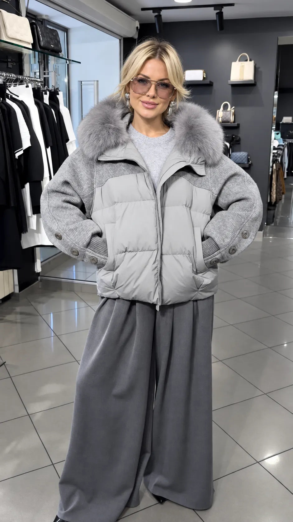 Grey Patchwork Fur Collar Puffer Coat