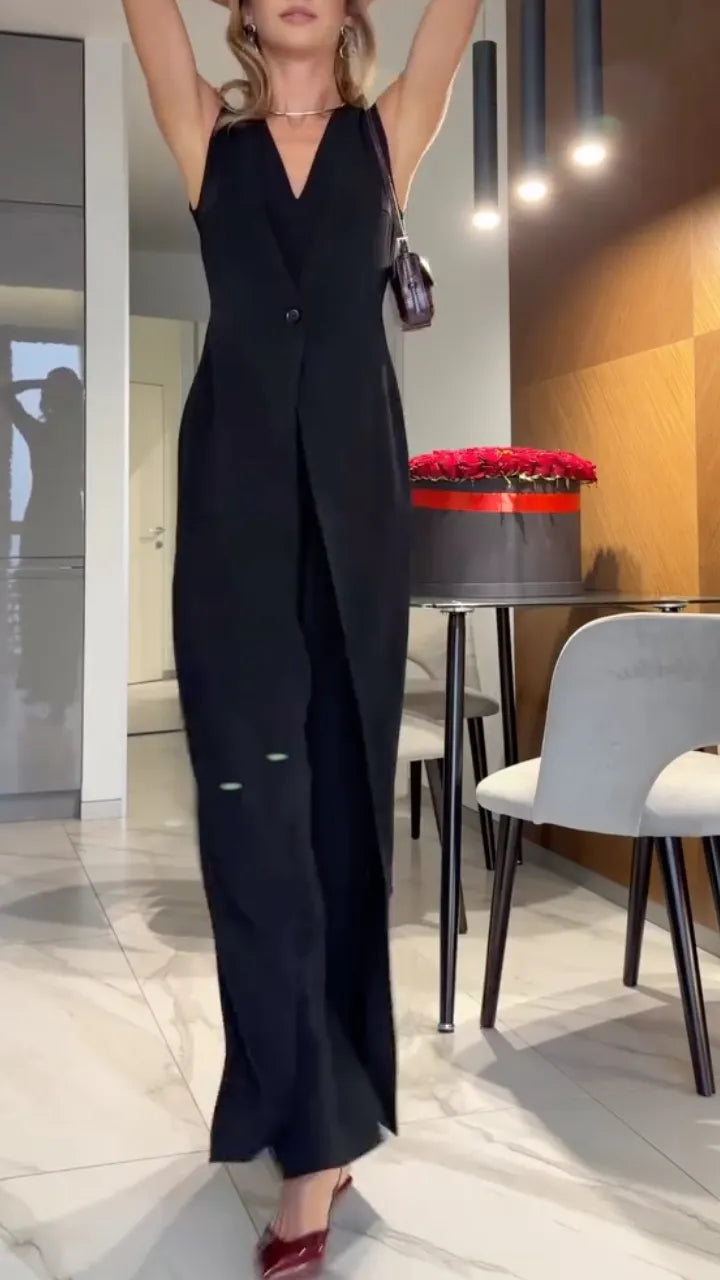 Sleeveless Lapel Blazer Overlay Wide‑Leg Jumpsuit