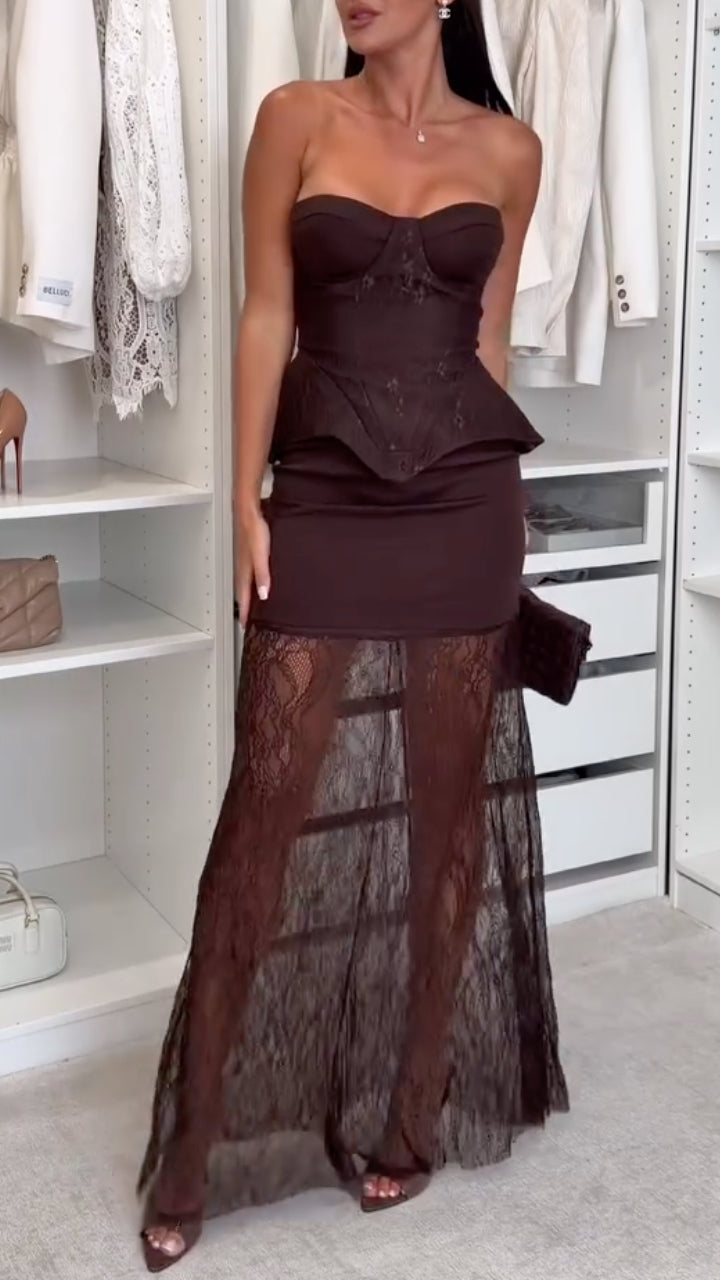 Chocolate Blazer Corset Top and Sheer-Lace Maxi Skirt Set