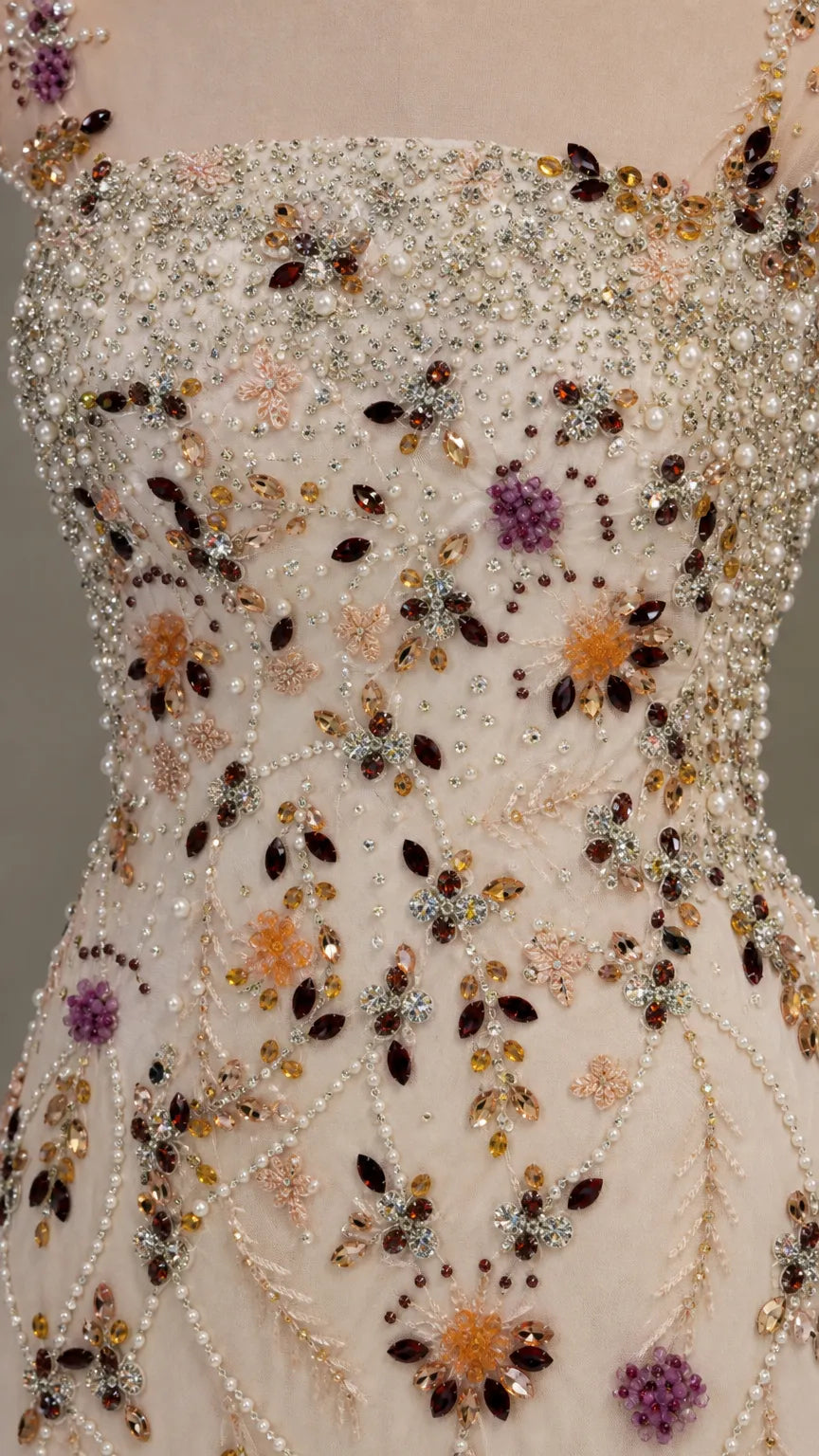 Floral Beaded Cap-Sleeve Column Evening Gown